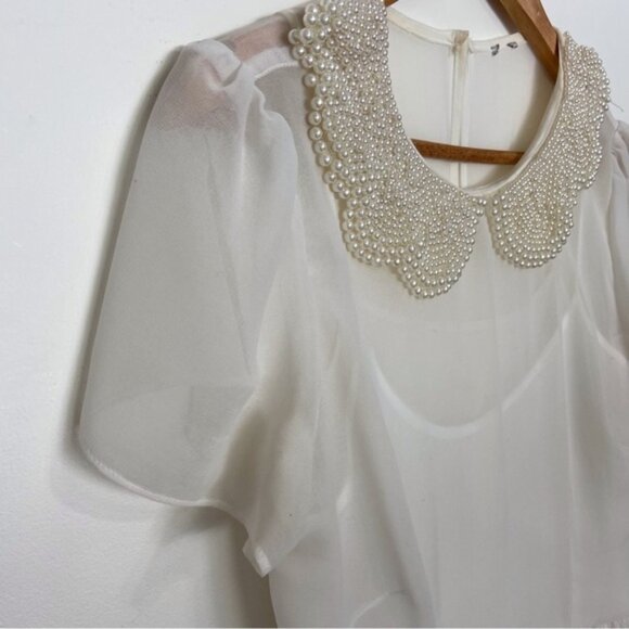 Amazing pearl white dress beaded embellishments off white short sleeves sheer M - Picture 4 of 13
